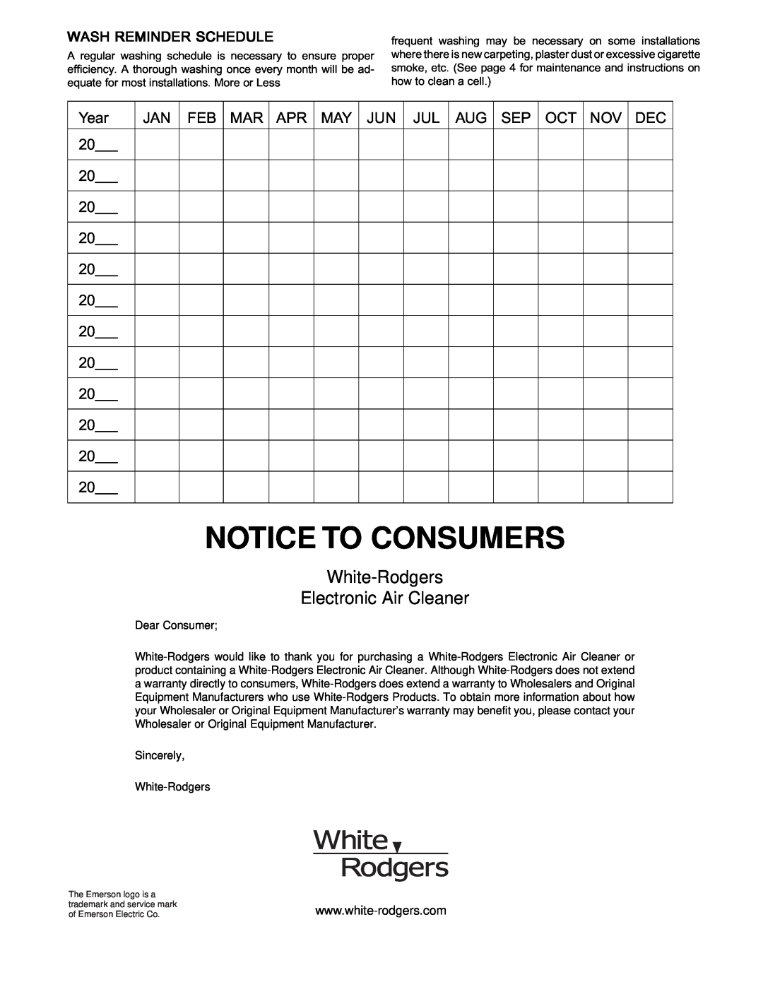 White Rodgers SSC1000 manual White-Rodgers Electronic Air Cleaner, Notice To Consumers 