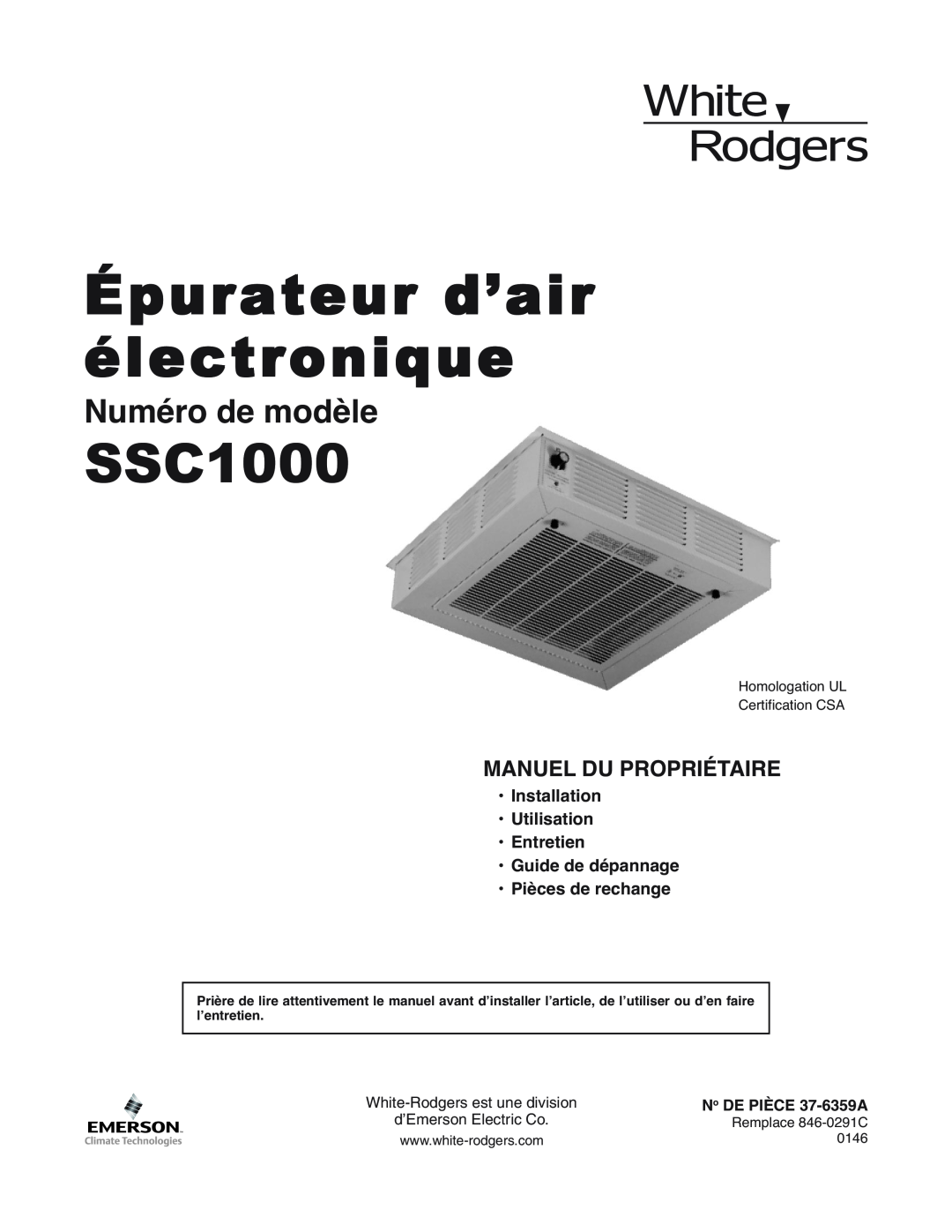 White Rodgers SSC1000 Manuel Du Propriétaire, Installation Utilisation Entretien, Guide de dépannage Pièces de rechange 