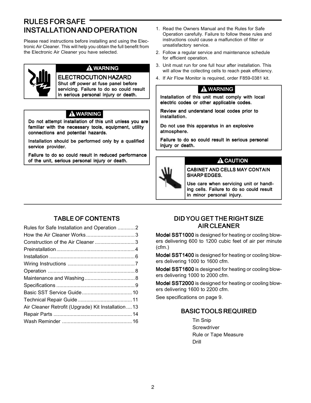 White Rodgers SST1600, SST2000, SST1400 Table of Contents, Did YOU GET the Right Size AIR Cleaner, Basic Tools Required 