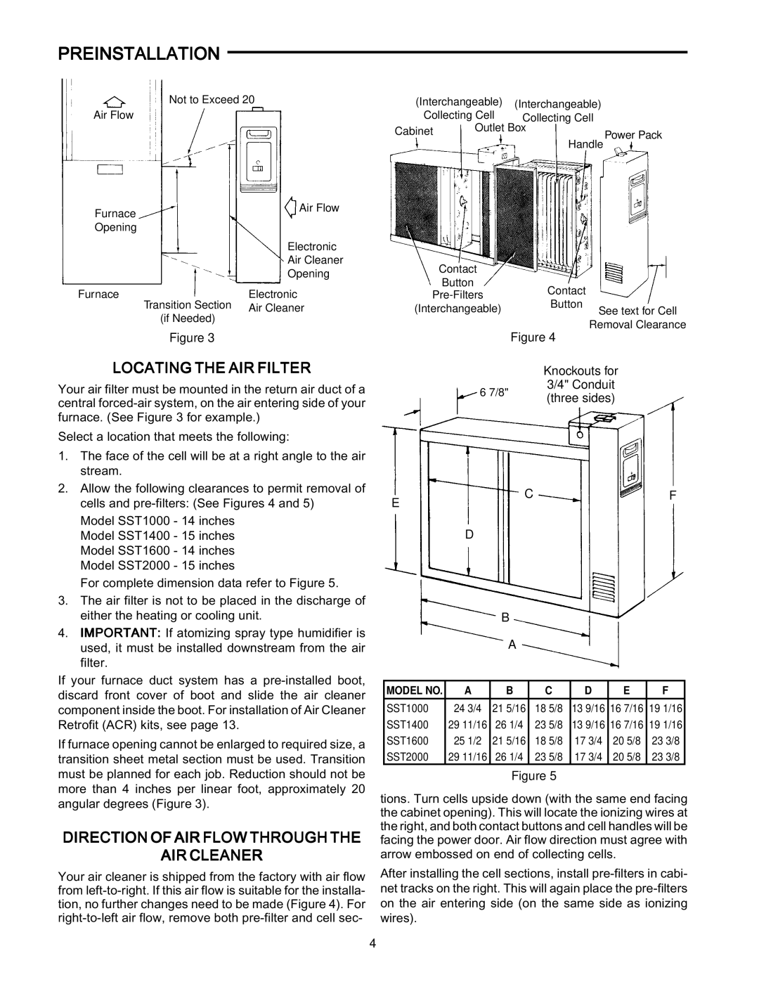 White Rodgers SST1400, SST2000, SST1600 Preinstallation, Locating the AIR Filter, Direction of AIR Flow Through AIR Cleaner 