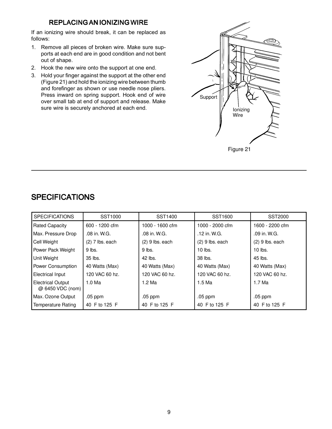 White Rodgers SST2000, SST1400, SST1600 owner manual Specifications, Replacing AN Ionizing Wire 