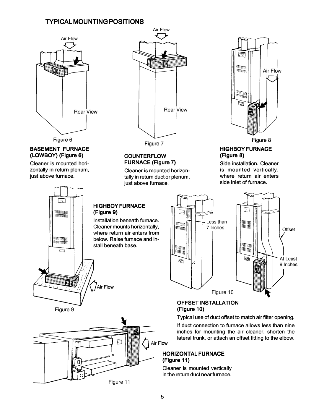 White Rodgers SST1600, SST2000 Typical Mounting Positions, BASEMENT FURNACE LOWBOY Figure, COUNTERFLOW FURNACE Figure 