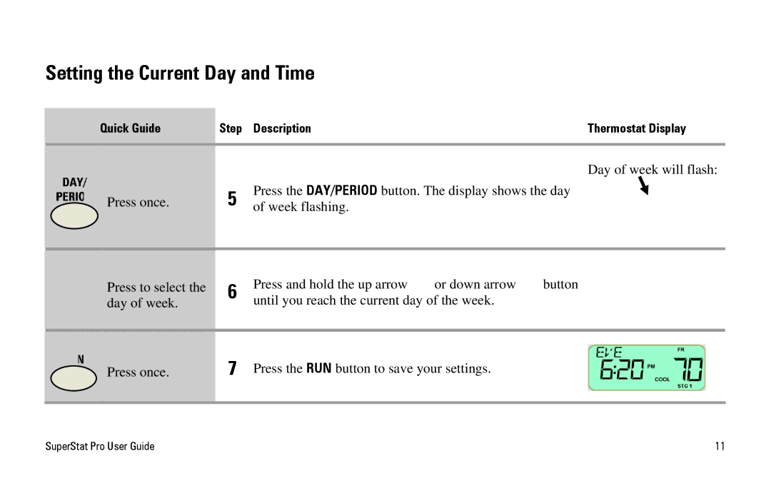 White Rodgers SuperStat Pro Programmable Thermostat manual Setting the Current Day and Time 