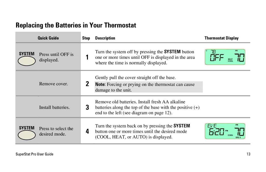 White Rodgers SuperStat Pro Programmable Thermostat manual Replacing the Batteries in Your Thermostat 