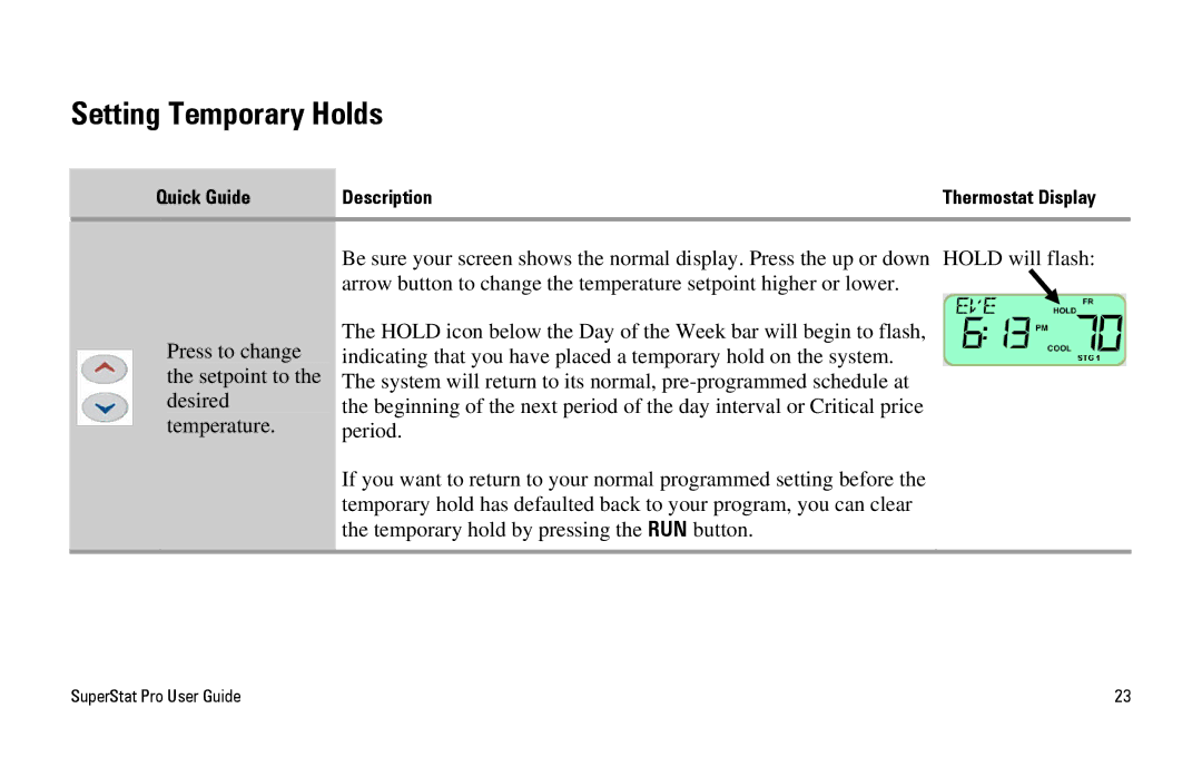 White Rodgers SuperStat Pro Programmable Thermostat manual Setting Temporary Holds 