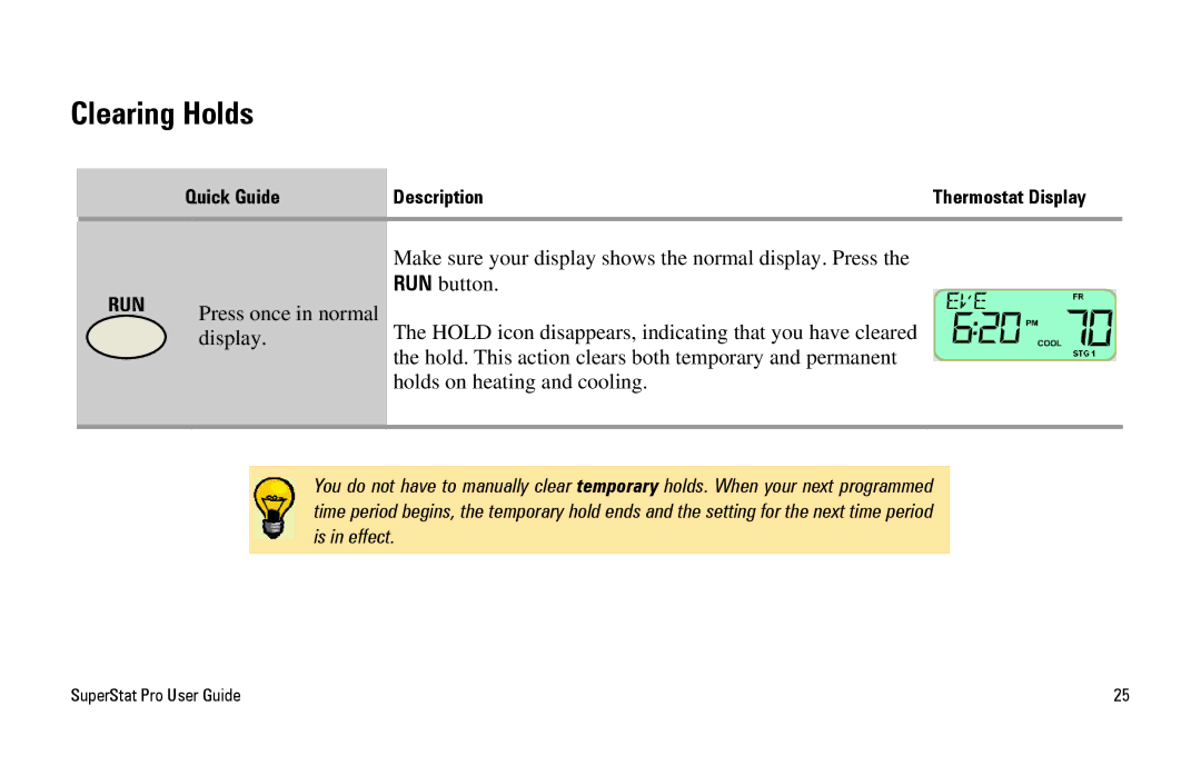 White Rodgers SuperStat Pro Programmable Thermostat manual Clearing Holds 