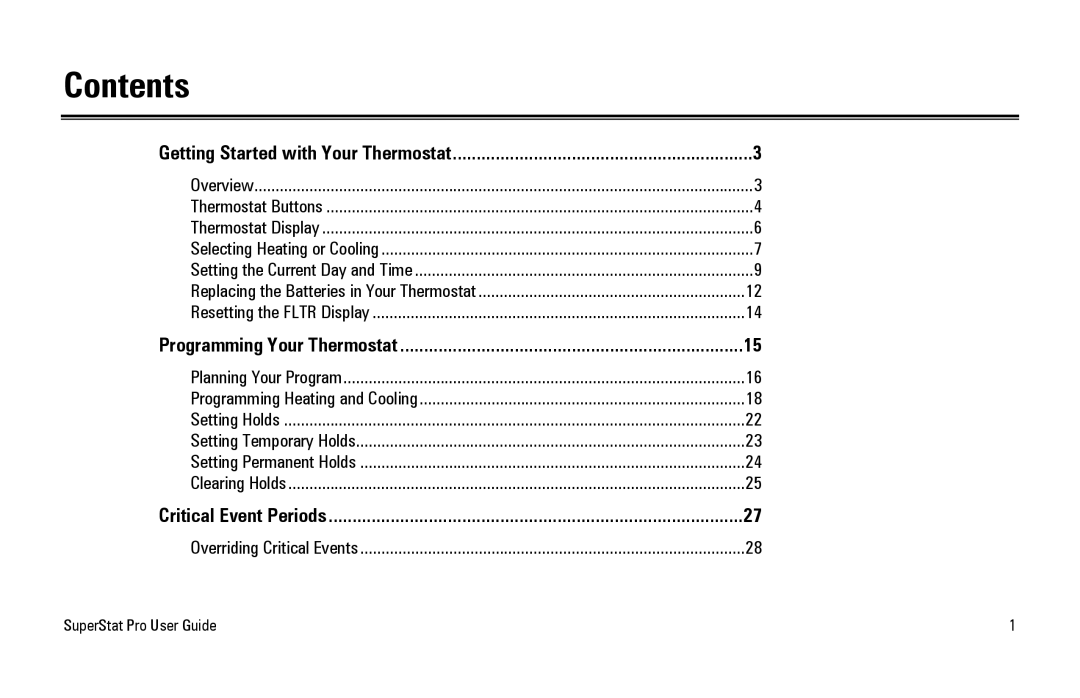 White Rodgers SuperStat Pro Programmable Thermostat manual Contents 