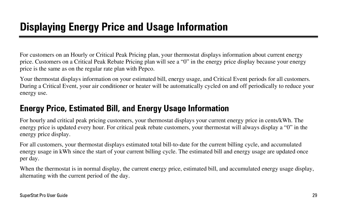 White Rodgers SuperStat Pro Programmable Thermostat manual Displaying Energy Price and Usage Information 