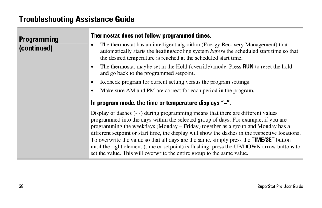 White Rodgers SuperStat Pro Programmable Thermostat manual Programming Thermostat does not follow programmed times 