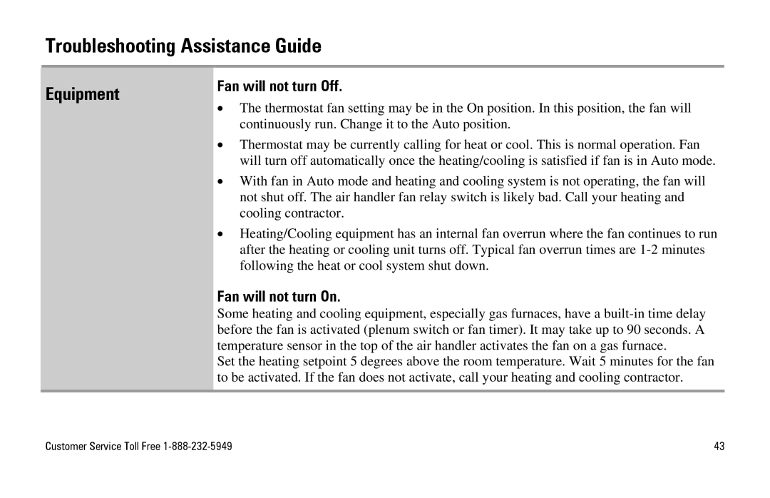 White Rodgers SuperStat Pro Programmable Thermostat manual Equipment, Fan will not turn Off, Fan will not turn On 