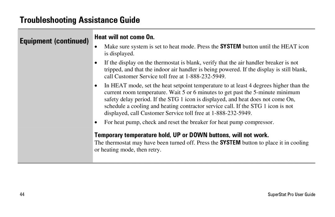 White Rodgers SuperStat Pro Programmable Thermostat manual Equipment Heat will not come On 