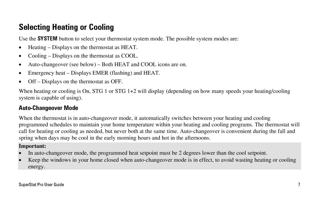 White Rodgers SuperStat Pro Programmable Thermostat manual Selecting Heating or Cooling, Auto-Changeover Mode 