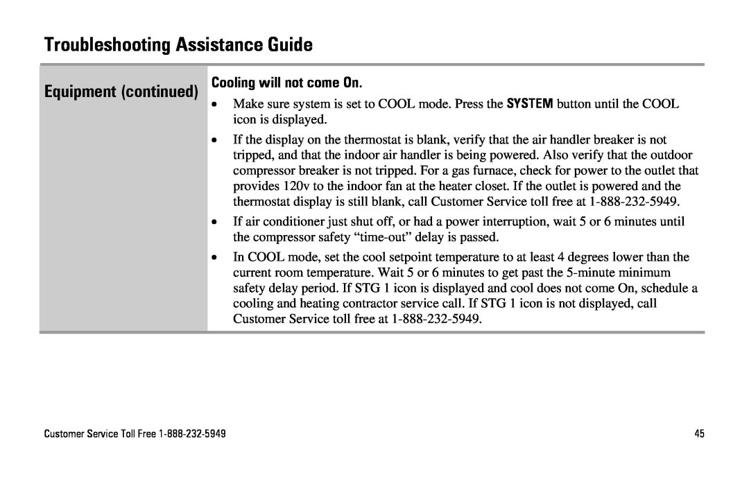 White Rodgers SuperStat Pro Programmable Thermostat manual Cooling will not come On, Troubleshooting Assistance Guide 