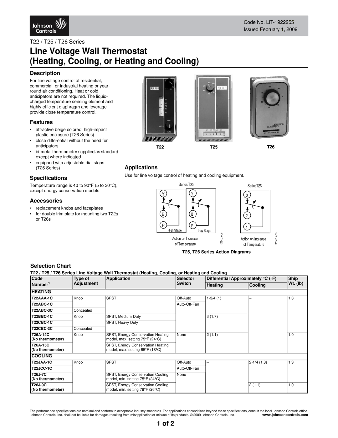 White Rodgers T26, T25 specifications Description, Features, Specifications, Applications, Accessories, Selection Chart 