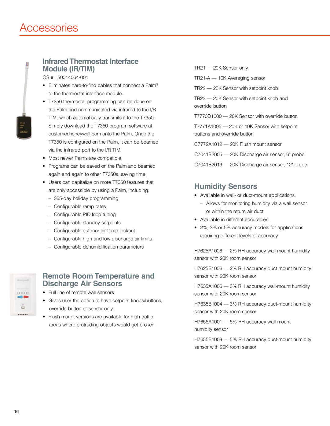 White Rodgers T7350, T7351F manual Accessories, Infrared Thermostat Interface Module IR/TIM, Humidity Sensors 