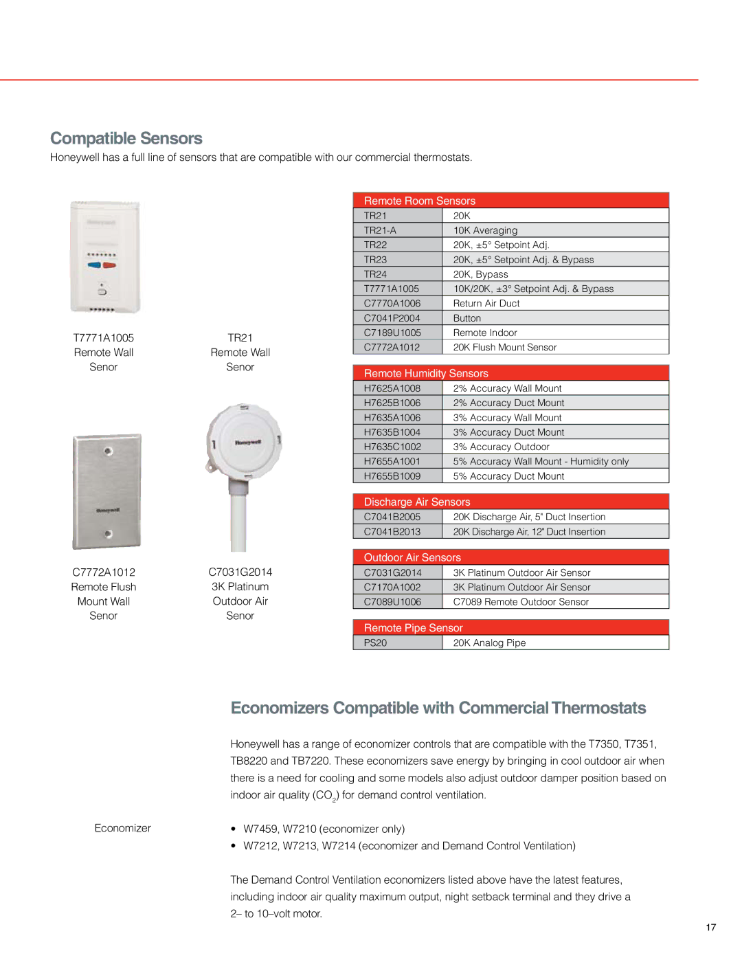 White Rodgers T7351F, T7350 manual Compatible Sensors 