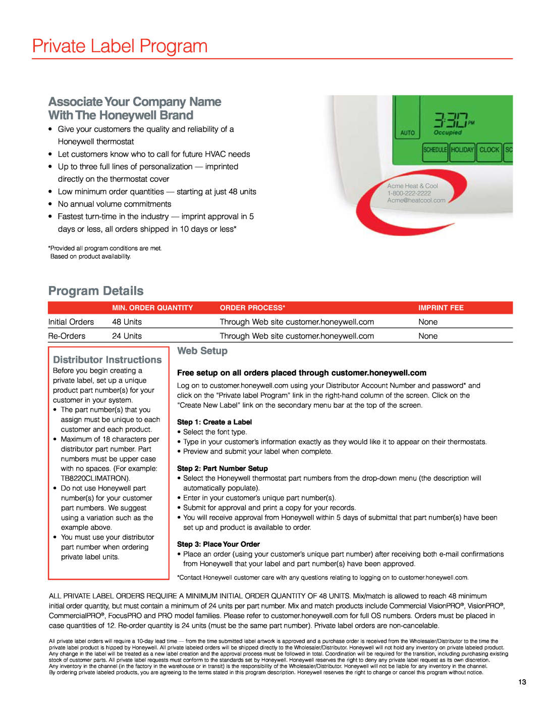 White Rodgers T7351F, T7350 manual Private Label Program, Program Details, Distributor Instructions, Web Setup 