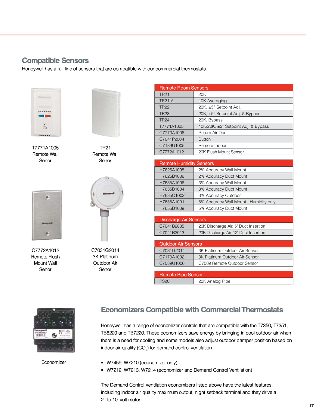 White Rodgers T7351F, T7350 manual Compatible Sensors, Remote Room Sensors, Remote Humidity Sensors, Discharge Air Sensors 