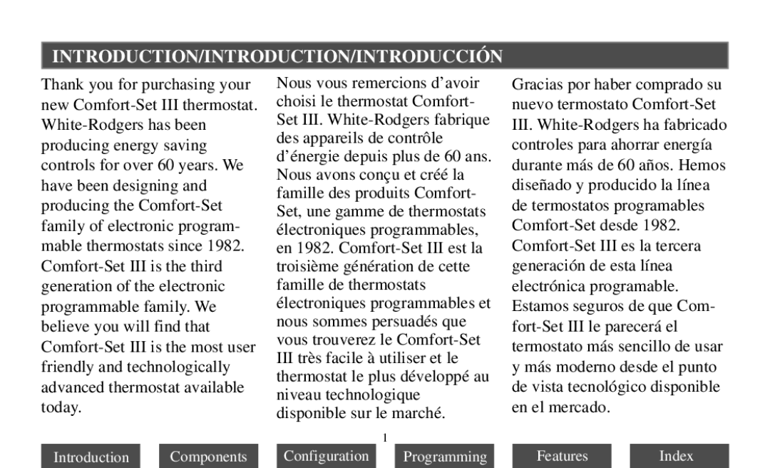 White Rodgers Thermostat manual Introduction/Introduction/Introducción 