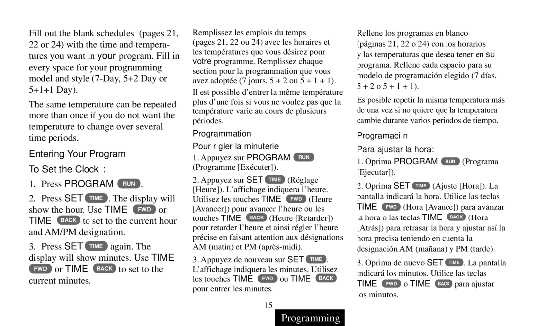 White Rodgers Thermostat manual Entering Your Program To Set the Clock, Programmation Pour régler la minuterie 