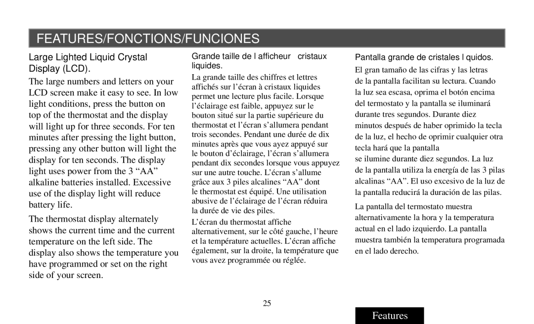 White Rodgers Thermostat manual Features/Fonctions/Funciones, Large Lighted Liquid Crystal Display LCD 