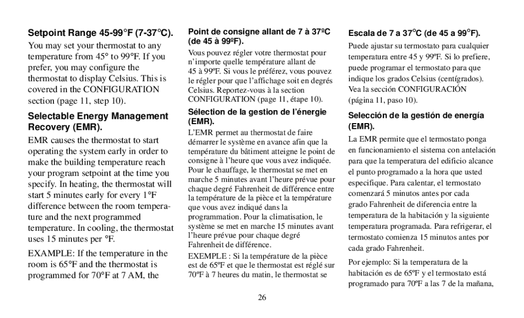 White Rodgers Thermostat manual Setpoint Range 45-99F 7-37C, Selectable Energy Management Recovery EMR 
