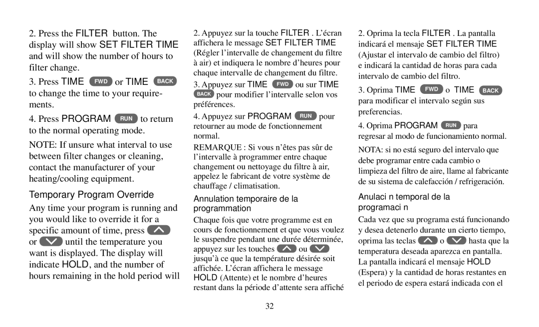 White Rodgers Thermostat manual Temporary Program Override, Annulation temporaire de la programmation 