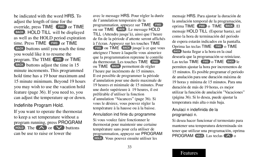 White Rodgers Thermostat manual Indefinite Program Hold, Annulation indéfinie du programme, Program Hold . Las teclas o 