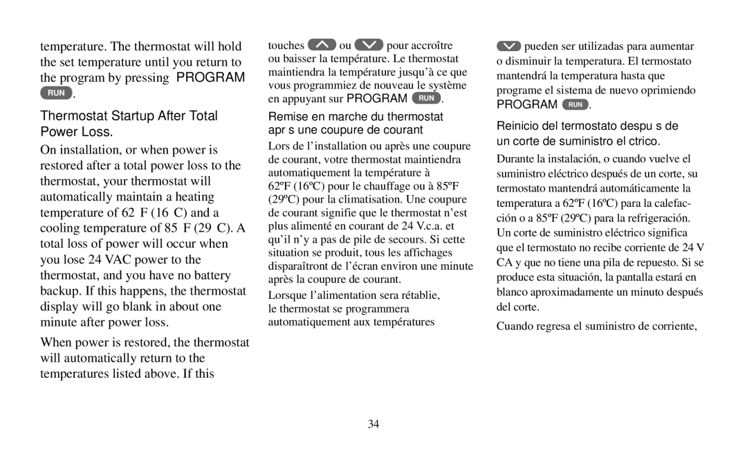 White Rodgers manual Thermostat Startup After Total Power Loss, Cuando regresa el suministro de corriente 