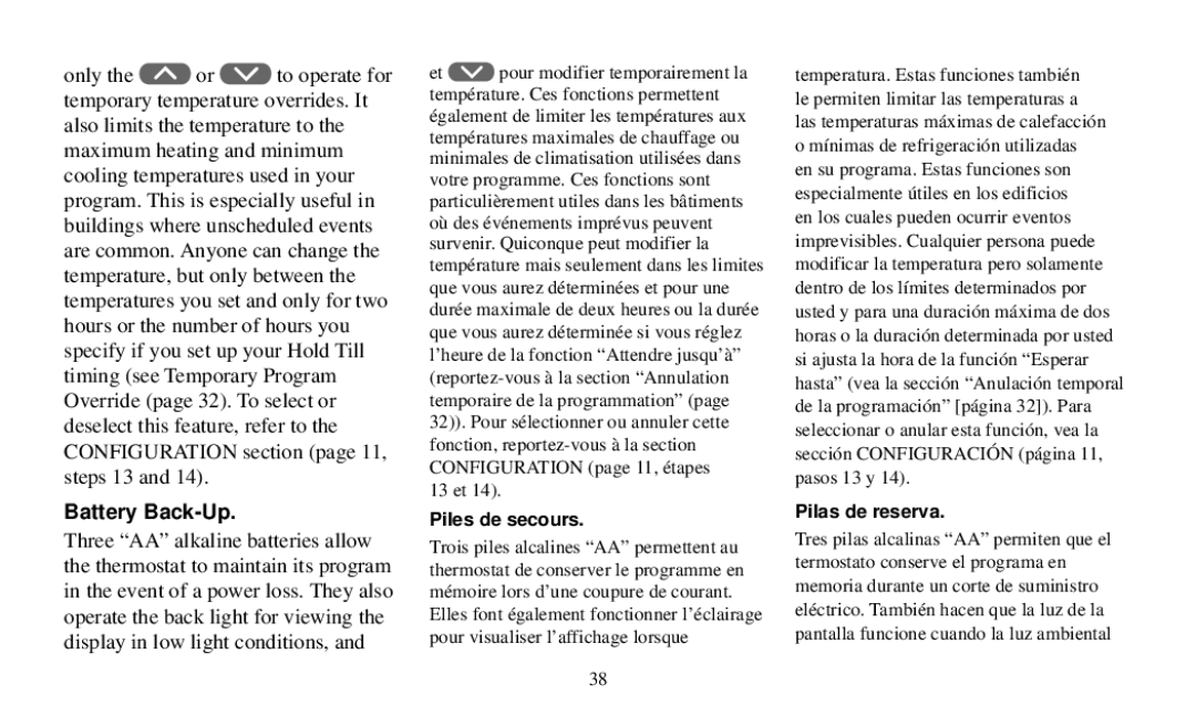 White Rodgers Thermostat manual Battery Back-Up, 13 et, Piles de secours, Pilas de reserva 