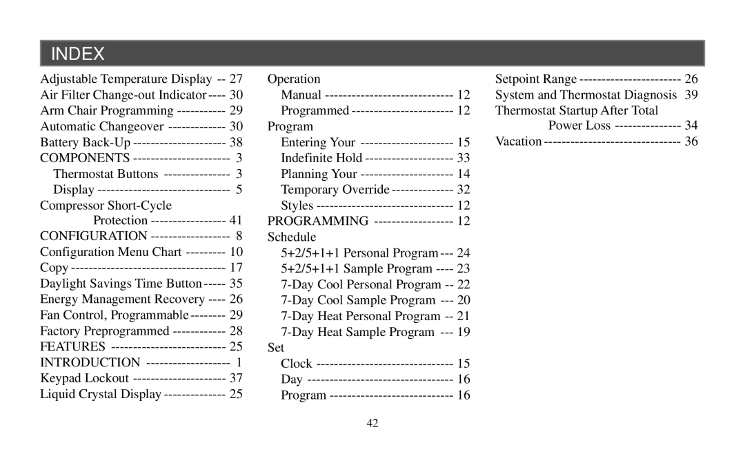 White Rodgers manual Index, Components Thermostat Buttons Display, Configuration, Introduction, Programming 