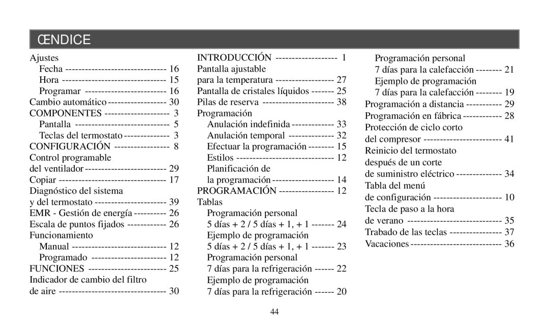 White Rodgers Thermostat manual Índice 