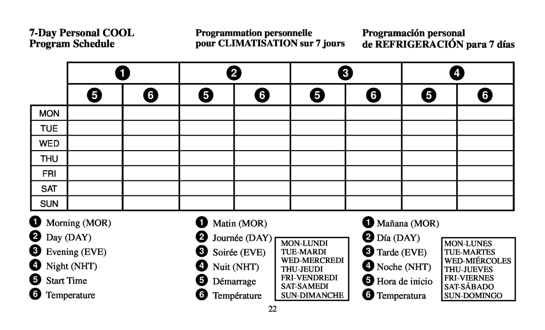 White Rodgers Thermostat manual DayPersonal COOL, Programación personal, Program Schedule, de REFRIGERACIÓN para 7 días 
