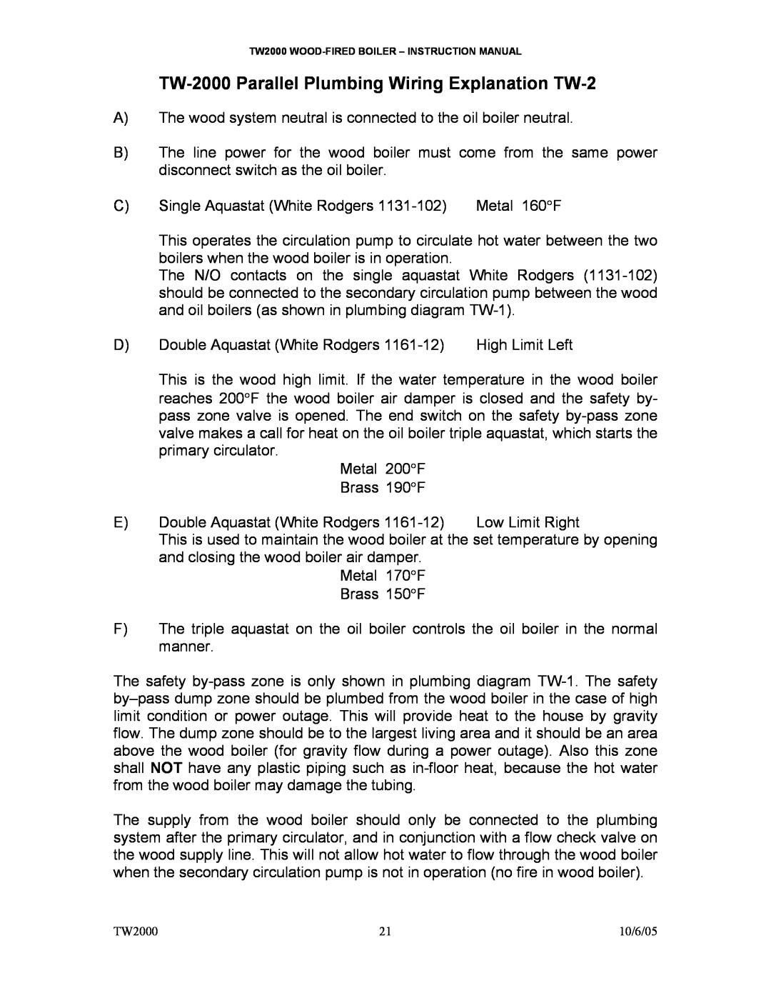 White Rodgers TW2000 owner manual TW-2000Parallel Plumbing Wiring Explanation TW-2 