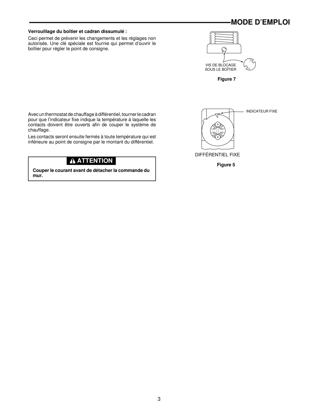 White Rodgers TYPE 152 installation instructions Mode D’EMPLOI, Verrouillage du boîtier et cadran dissumulé 