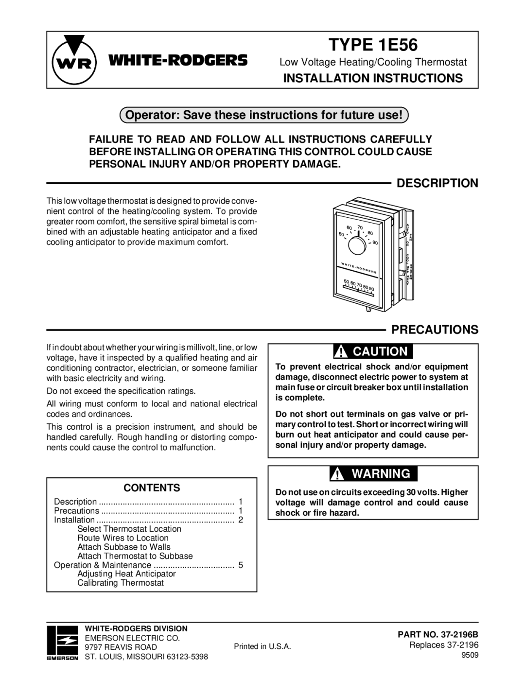 White Rodgers 1.00E+56, Type 1E56 installation instructions Installation Instructions, Description, Precautions, Contents 