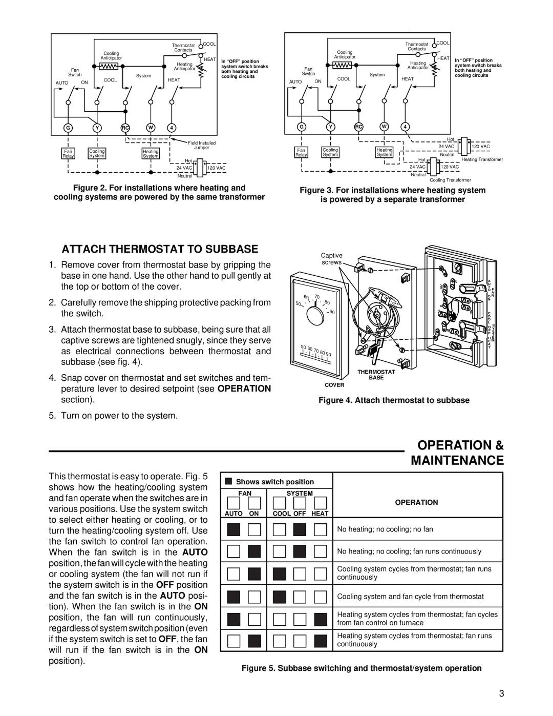 White Rodgers 1.00E+56, Type 1E56 installation instructions Operation Maintenance, Attach Thermostat to Subbase 