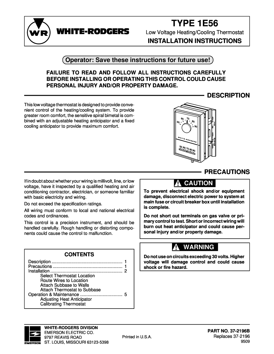 White Rodgers 1.00E+56 installation instructions Installation Instructions, Description, Precautions, Contents, TYPE 1E56 