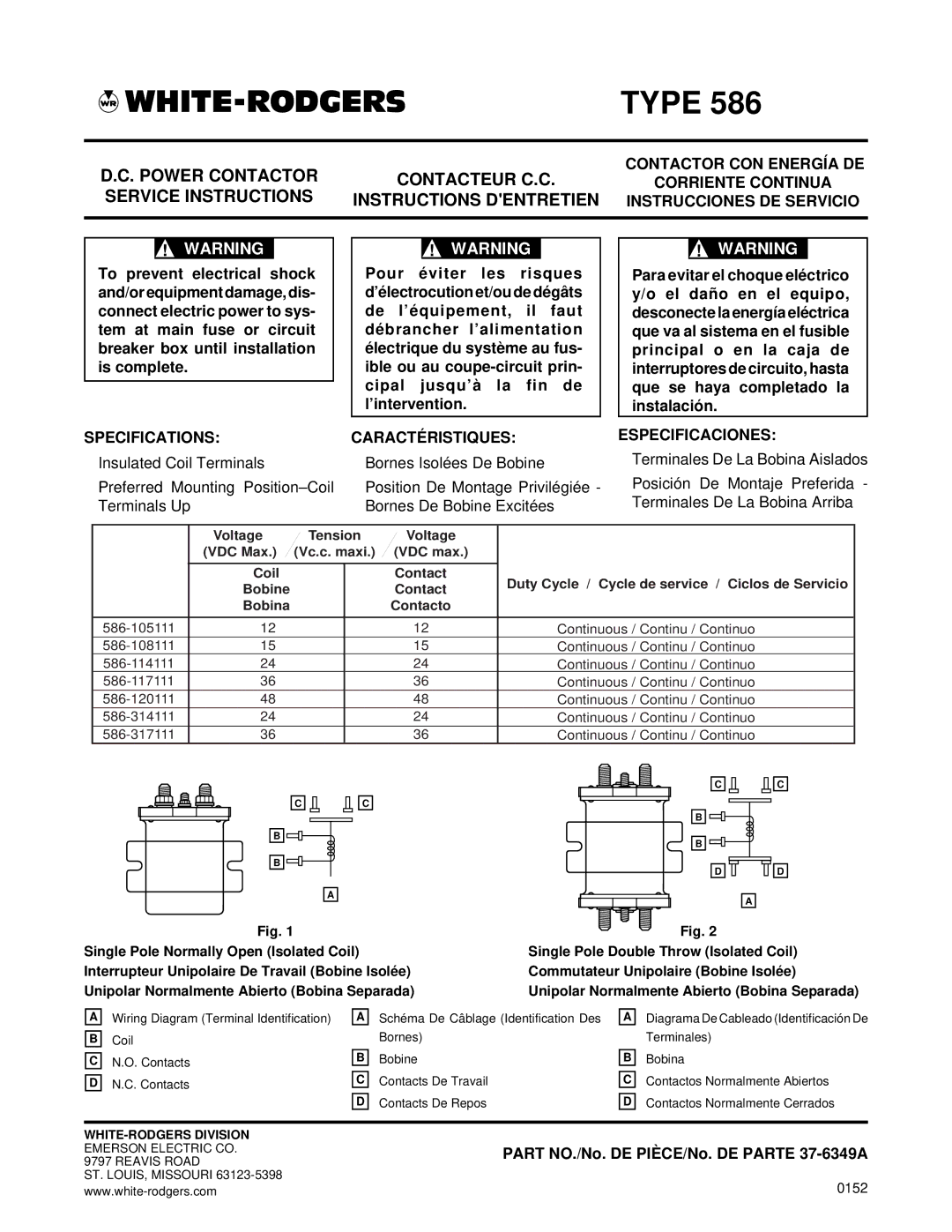 White Rodgers 37-6349A specifications Type, Power Contactor Contacteur C.C, Service Instructions Instructions Dentretien 