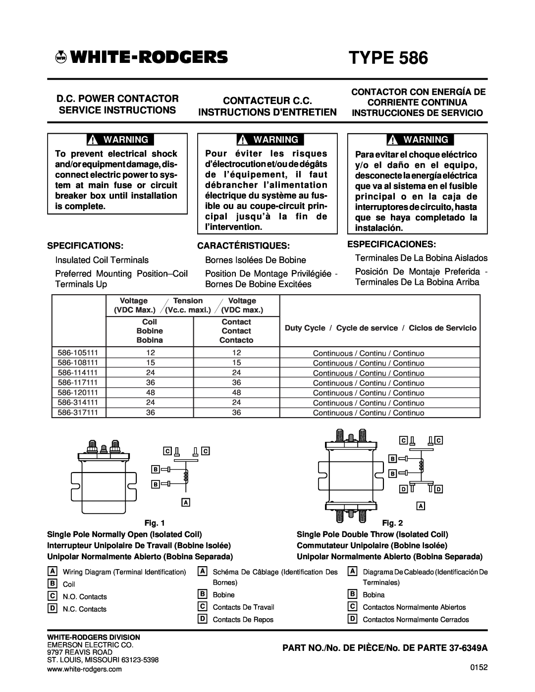 White Rodgers 37-6349A specifications Type, D.C. Power Contactor, Contacteur C.C, Service Instructions, Corriente Continua 