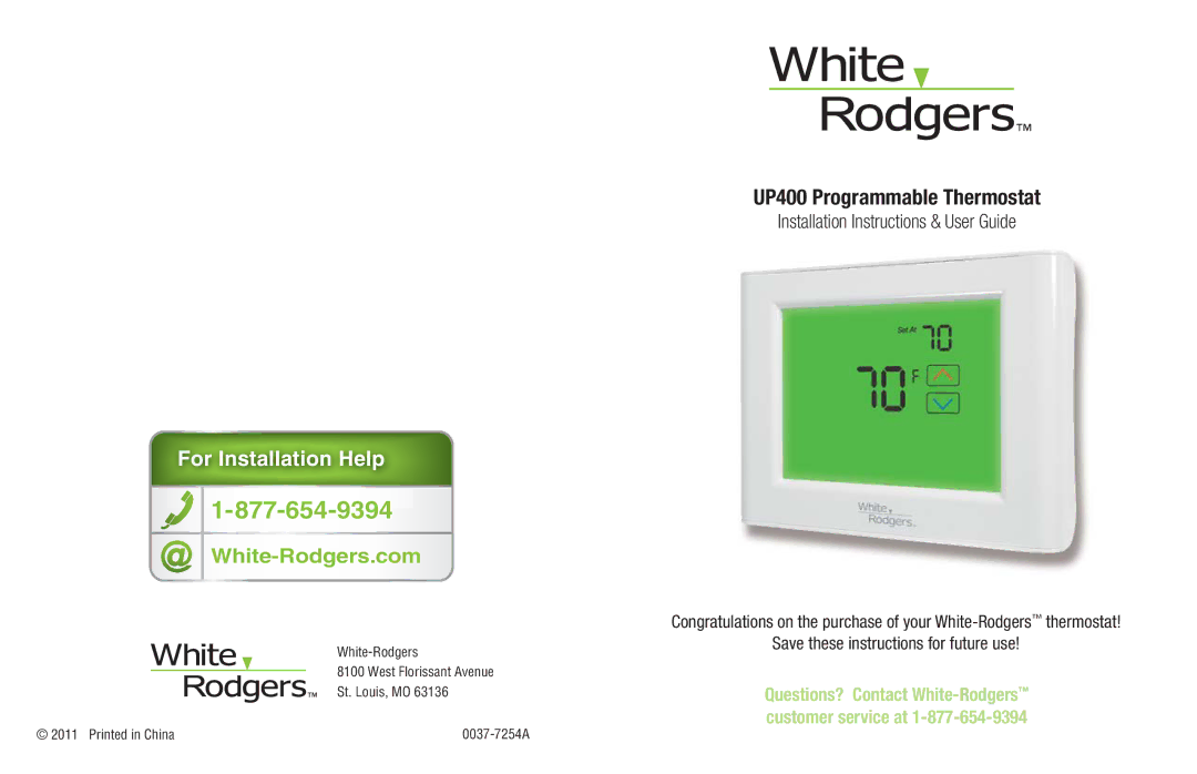 White Rodgers UP400 installation instructions White-Rodgers.com, Installation Instructions & User Guide 