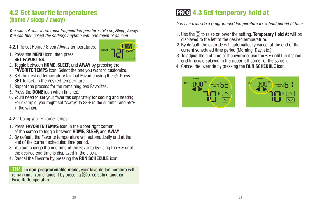 White Rodgers UP400 installation instructions Set favorite temperatures, Set temporary hold at 