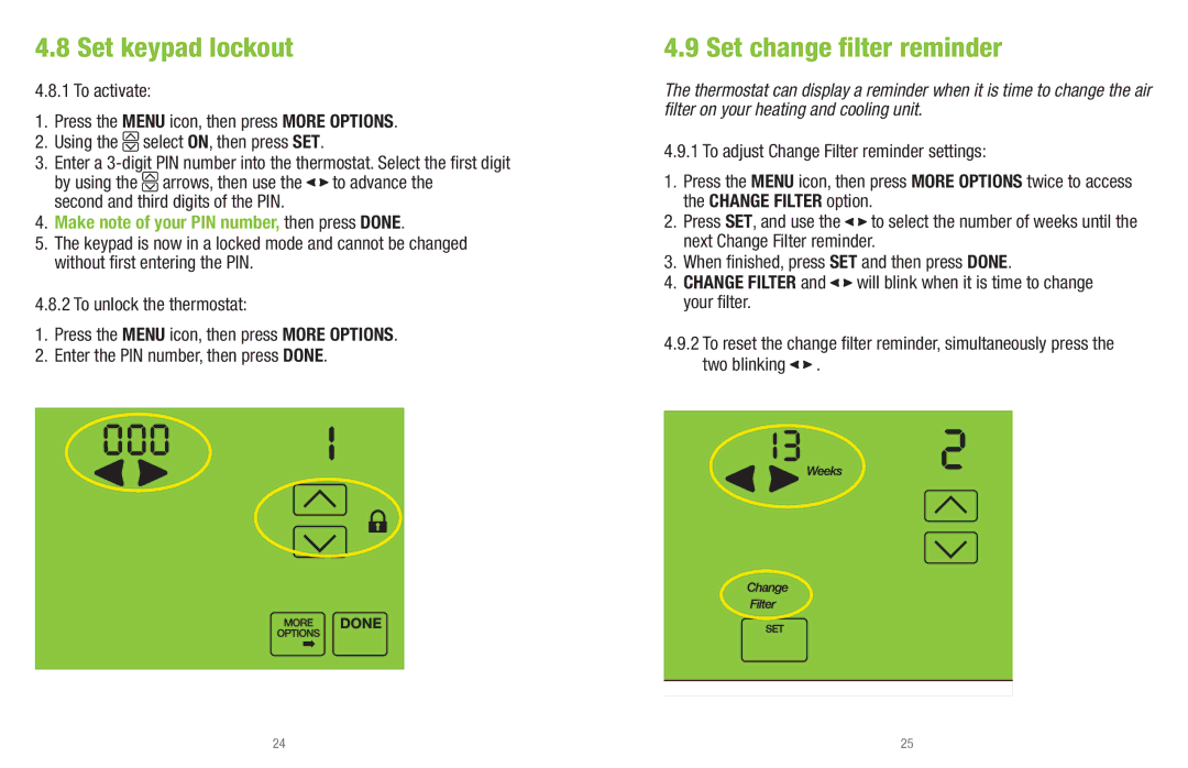 White Rodgers UP400 Set keypad lockout, Set change ﬁlter reminder, Second and third digits of the PIN 