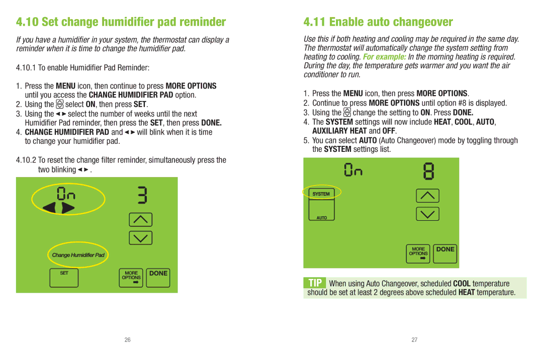 White Rodgers UP400 installation instructions Enable auto changeover, To enable Humidiﬁer Pad Reminder 