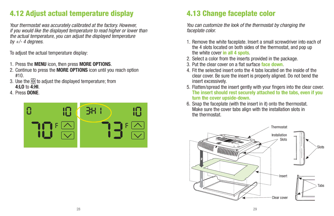 White Rodgers UP400 installation instructions Adjust actual temperature display, Change faceplate color 