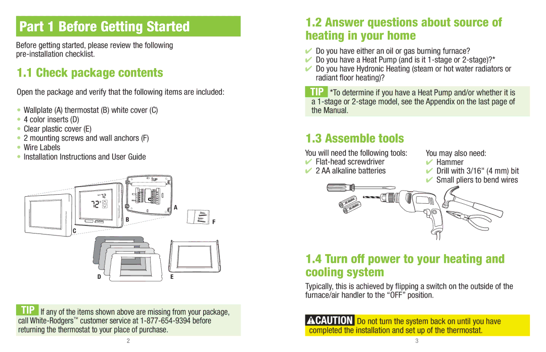 White Rodgers UP400 installation instructions Part 1 Before Getting Started, Check package contents, Assemble tools 