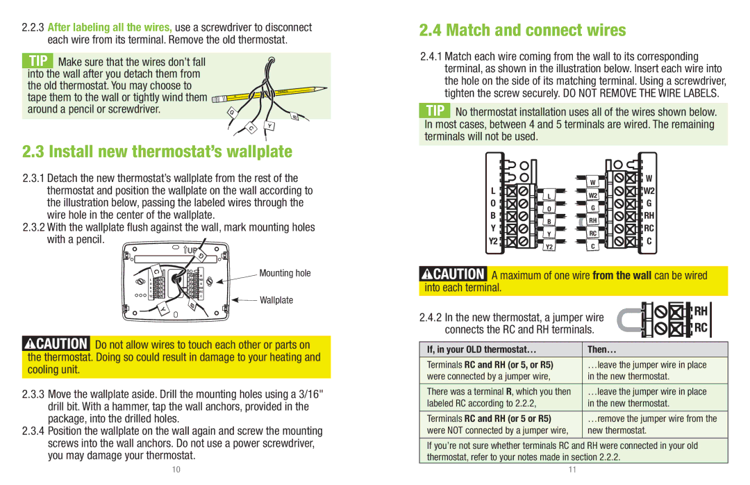 White Rodgers UP400 installation instructions Match and connect wires, Install new thermostat’s wallplate 