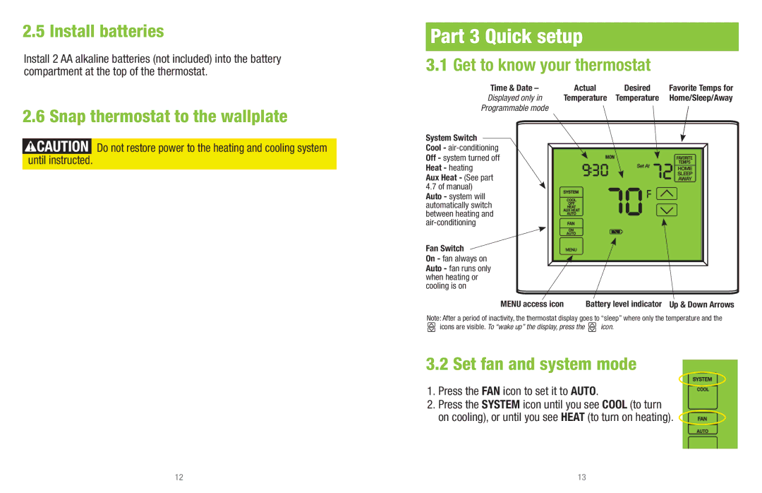 White Rodgers UP400 Part 3 Quick setup, Install batteries, Snap thermostat to the wallplate, Set fan and system mode 