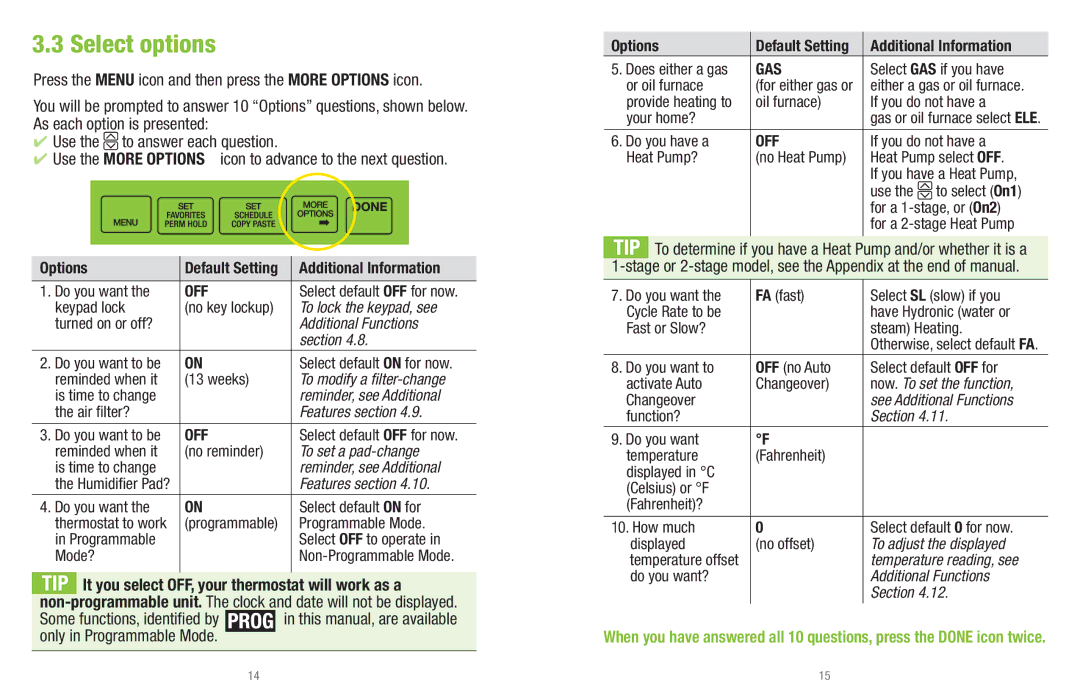 White Rodgers UP400 installation instructions Select options, Off 