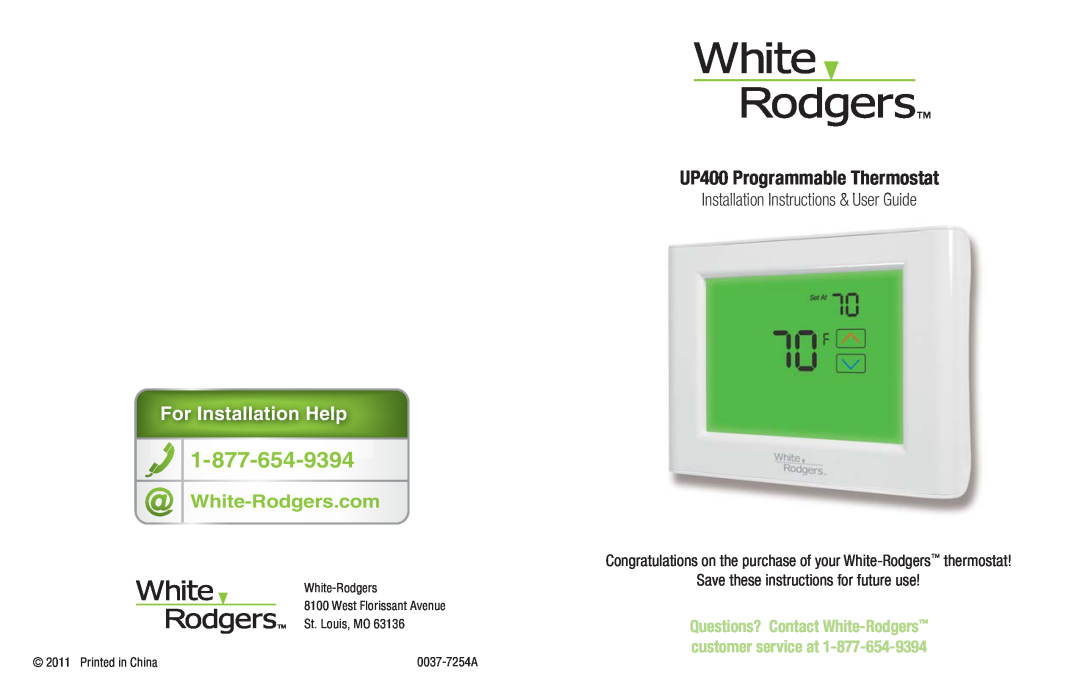 White Rodgers installation instructions UP400 Programmable Thermostat, ForFoFoFor InInstallation Helpp, St. Louis, MO 